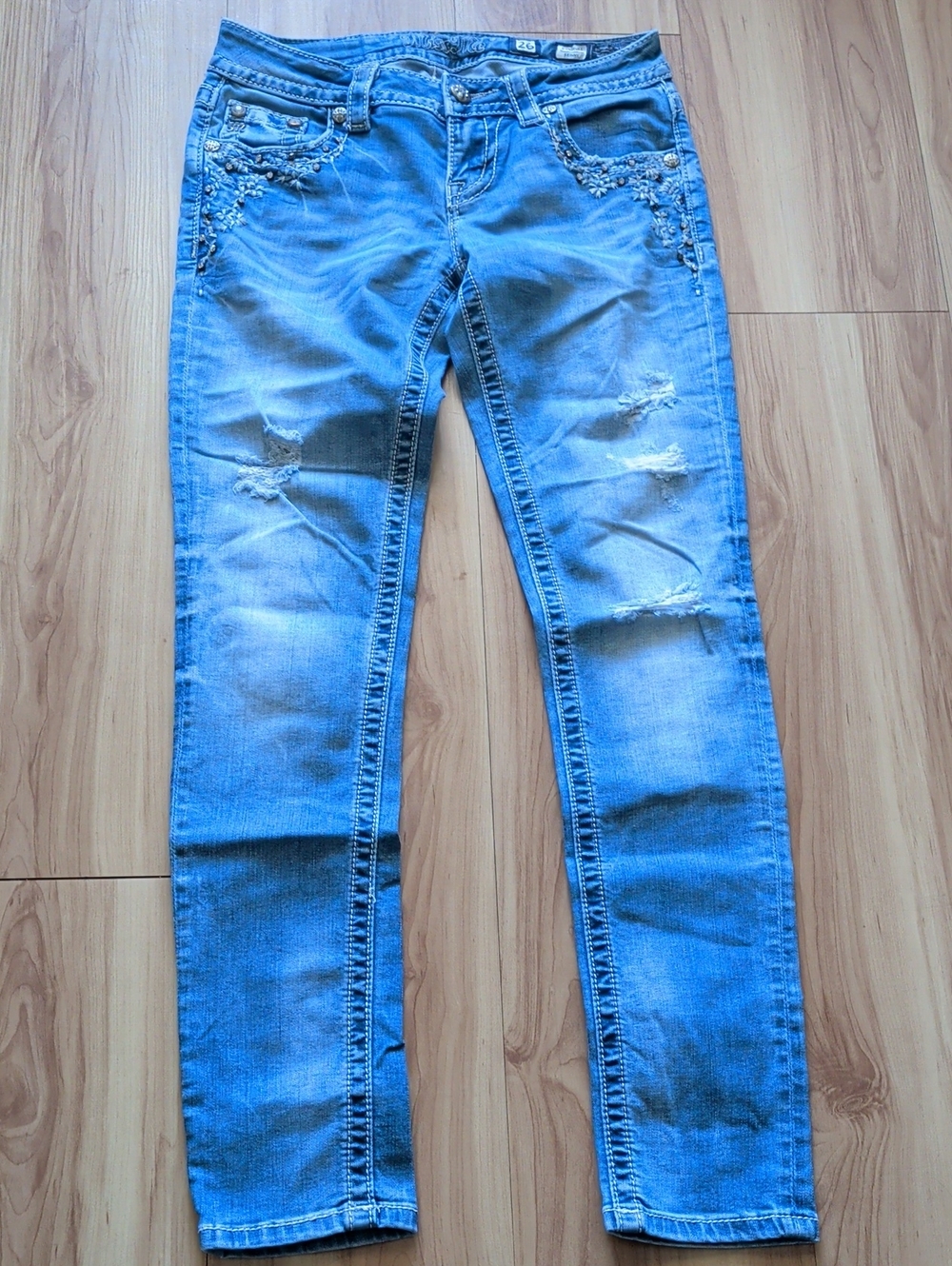 Women's Light Blue Distressed Embellished Jeans